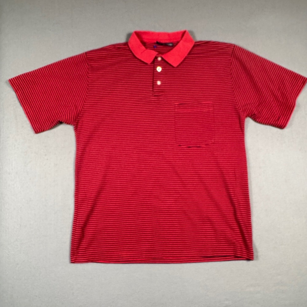 Cherokee Mens Large Red Striped Pocket Polo Shirt Short Sleeve Cotton Blend L